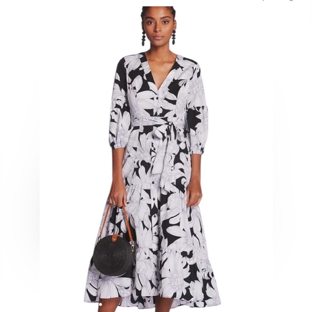 Anthropologie/Maeve Black and White Floral Puff Sleeve Dress